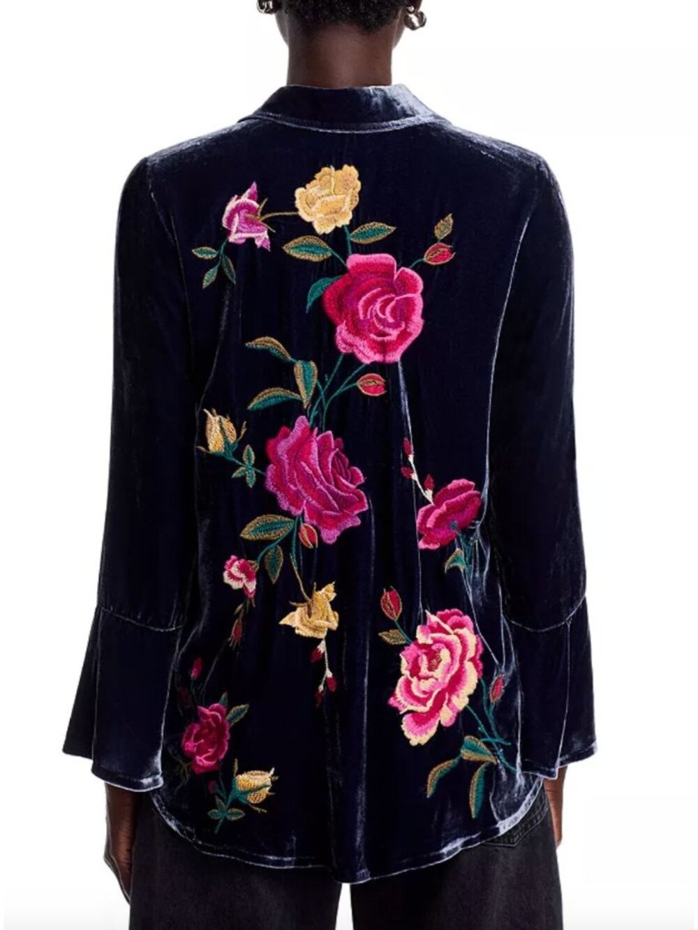 Johnny Was $378 Velvet Bell Sleeve Blouse Size Small Floral Embroidered Blue